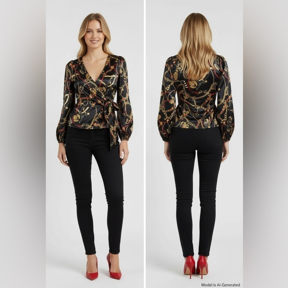 Meraki Satin Chain Print Wrap Blouse M – Gold Baroque Bow Tie Top
